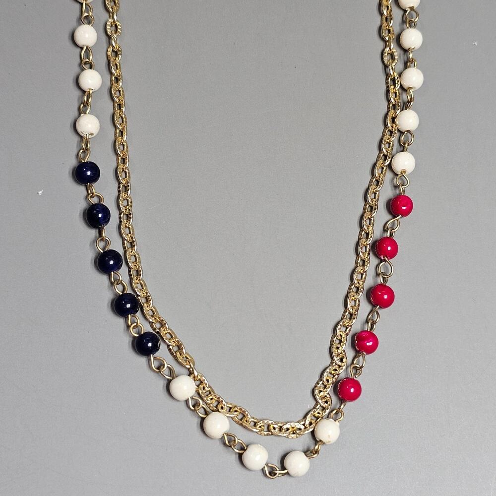 Red, White & Blue Beaded Patriotic Chain Link Necklace Layering Goldtone 48" Vtg